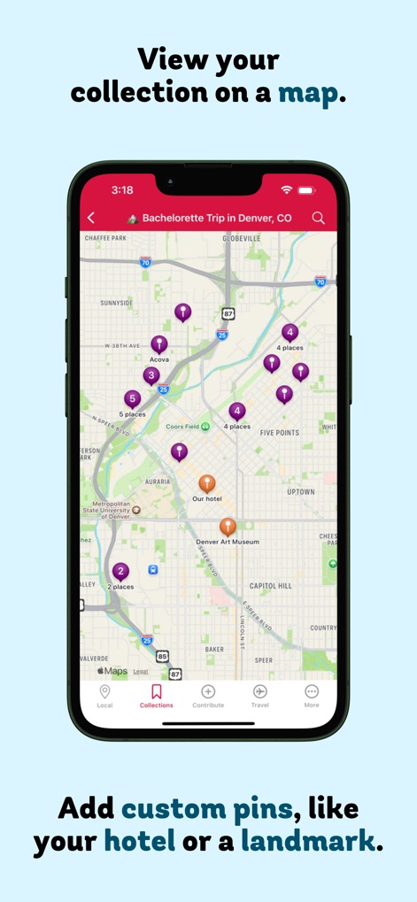 Find Me Gluten Free - Users can visualize their saved collections on a map, displaying multiple location pins and allowing the addition of custom pins for hotels or landmarks.