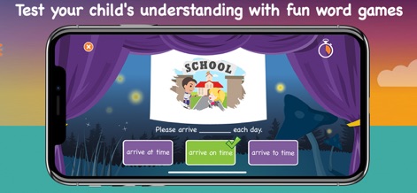 LearnEnglish Kids: Playtime - このアプリは、学校の絵に関連する「Please arrive ____ each day.」といった多肢選択式の質問で、子供たちの英語の理解度をテストします。正解である「arrive on time」の選択肢が緑色にハイライトされています。