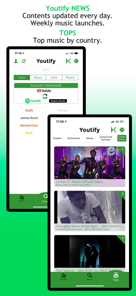 Youtify for Spotify Premium - Dieser Bereich zeigt die täglichen Youtify-News und wöchentliche Musik-Releases, ergänzt durch Top-Musikvideos nach Ländern wie den Vereinigten Arabischen Emiraten und Schweden.