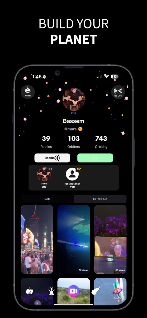 Reinbow - Witness how users personalize their digital presence with custom celestial-themed profiles and track their community growth through metrics like 'Orbiters' and visible 'Posts'.