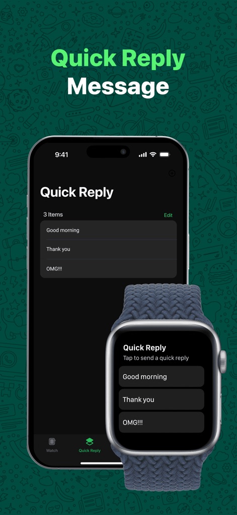 WatchsApp - Chat on Watch - The app enables users to tailor their communication, allowing for a customizable quick reply list on the iPhone and convenient pre-set reply options directly on the Apple Watch.