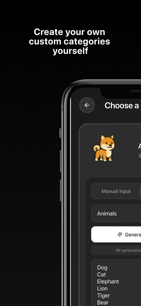 imposter ai: Spy Party Game - This feature allows users to directly add words via 'Manual Input,' expanding custom categories beyond default options like 'Dog' and 'Cat'.