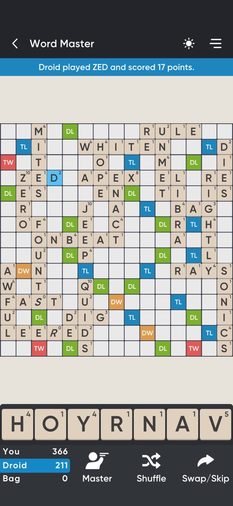 Word Master - Classic - This app showcases an engaging game board with placed words and the dynamic score tracker for both players.