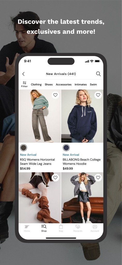 Tillys - Users can browse new arrivals, filtering by category like 'Clothing' or 'Shoes', and save favorite items with the heart icon.