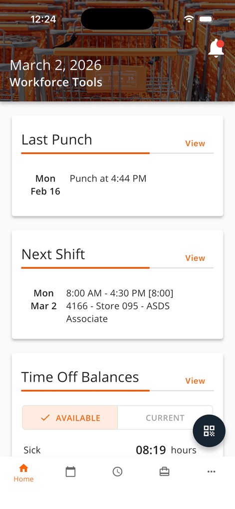 Workforce Tools - This personalized dashboard offers a quick view of key work information, displaying the 'Last Punch' details and providing a clear overview of the 'Next Shift'.