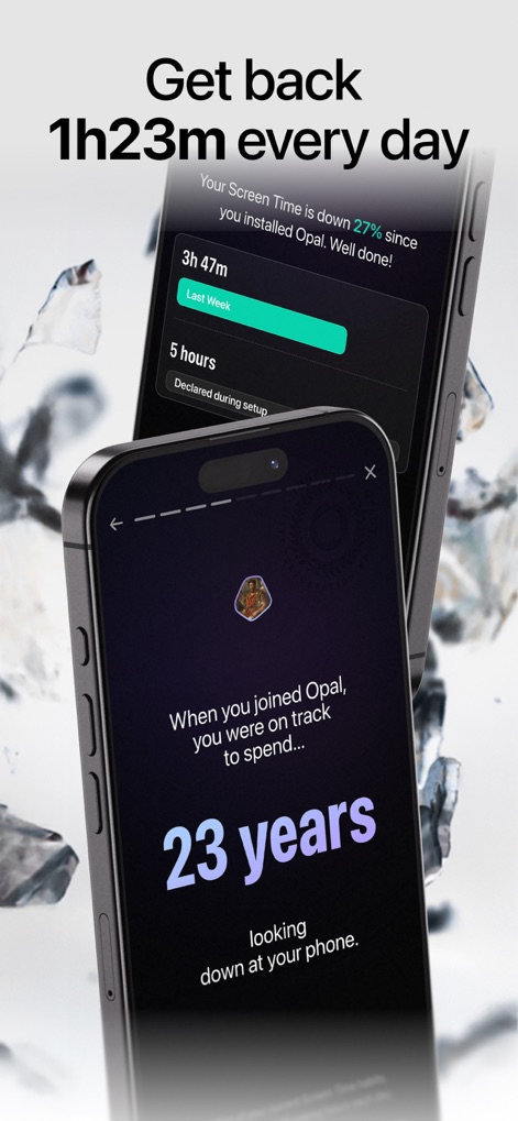 Opal: Screen Time Control - Witness the app's tangible impact with a personalized screen time reduction report and a startling projection of reclaimed hours.