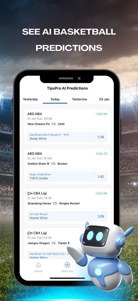 TipsPro AI: Match Prediction - Explorez les prédictions quotidiennes pour le basketball, incluant des analyses détaillées pour la NBA et la CBA, et découvrez les pourcentages de succès affichés pour chaque pronostic.