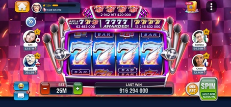 Billionaire Casino Slots 777 - The app delivers a high-octane racing-themed slot, featuring sleek 777 symbols and multiple '7777 AWARDED!' banners indicating significant wins.
