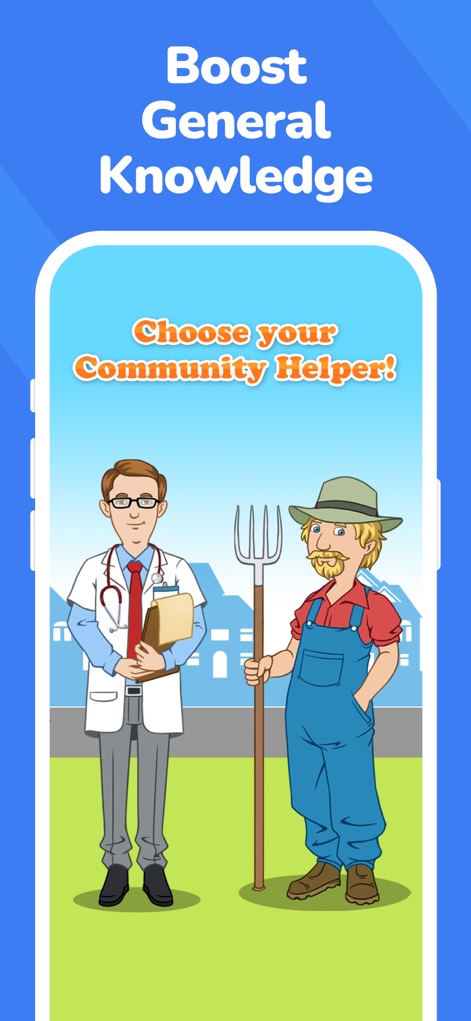 Kiddopia: Kids Learning Games - 이 앱은 의사와 농부 캐릭터를 통해 사회의 다양한 직업을 소개하며 아이들의 상식을 넓혀주고, 특히 역할극 요소와 명확한 캐릭터 묘사가 특징입니다.