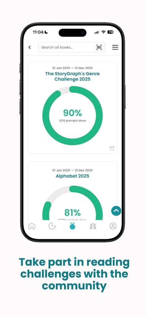StoryGraph: Reading Tracker - La aplicación facilita la participación en desafíos de lectura temáticos, mostrando los círculos de progreso de los desafíos comunitarios y sus descripciones detalladas.