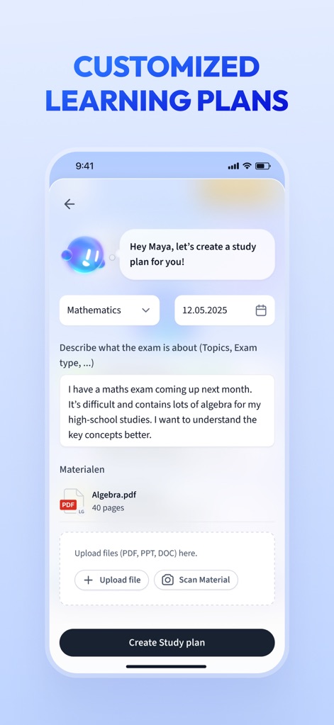 Vaia: AI Flashcards. Study App - Les utilisateurs peuvent concevoir des plans d'apprentissage sur mesure en spécifiant la matière et la date de l'examen, et en téléchargeant des fichiers (PDF, PPT, DOC) pour une préparation ciblée.