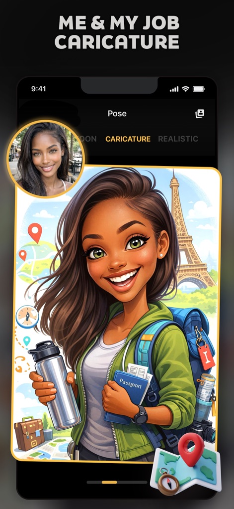 Pose: AI Photo Video Generator - Die App ermöglicht es, originelle Job-Karikaturen zu erstellen, wie das Beispiel einer lächelnden Frau mit Rucksack und Reisepass vor dem Eiffelturm zeigt.