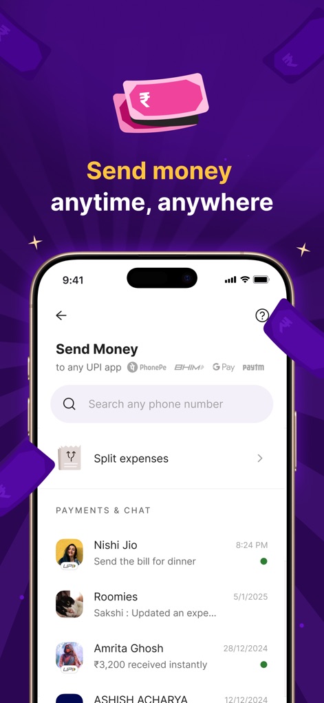 PhonePe: Secure Payments App - L'application permet d'effectuer des transferts d'argent instantanés vers n'importe quel contact et offre la fonctionnalité pratique de partage des dépenses entre utilisateurs. 