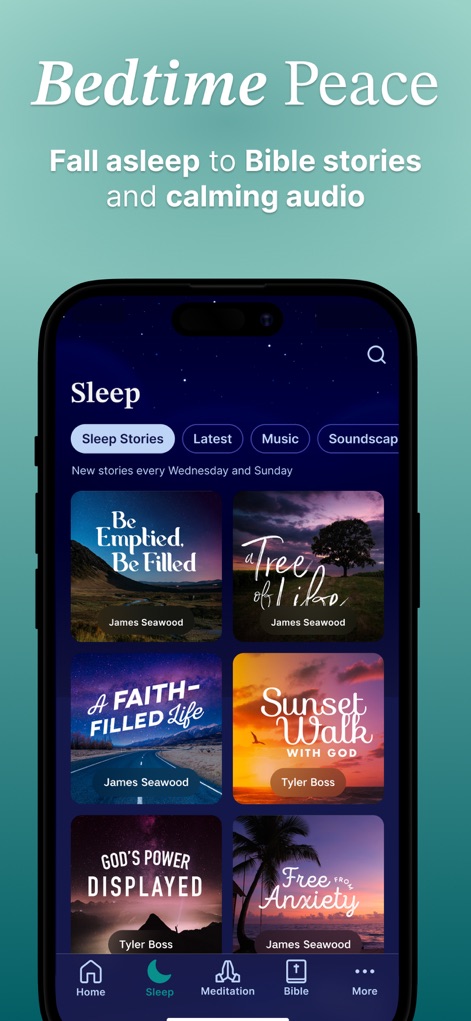 Abide: Bible Prayer Meditation - The "Bedtime Peace" feature helps users unwind with various "Sleep Stories," each presented with a unique visual card and the author's name.