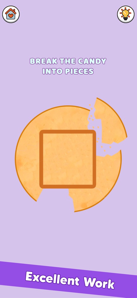 TicTack Challenge: Mini Games - This visual demonstrates a puzzle mechanic where players break apart a candy-like shape, resulting in an "Excellent Work" feedback, reflecting minimalist visual style.