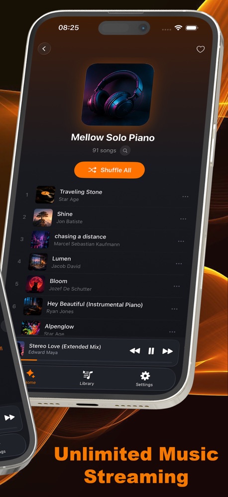 MusiPlayer - Music X Streaming App Store screenshot 2, headline “Unlimited Music Streaming”. Watch, iPad or Mac beside it.