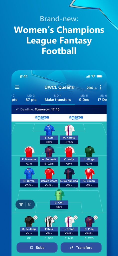 UEFA Gaming: Fantasy Football - Experience the brand-new Women's Champions League Fantasy Football, where users can build a team from top women players with their market values and manage roster changes via the 'Transfers' button.