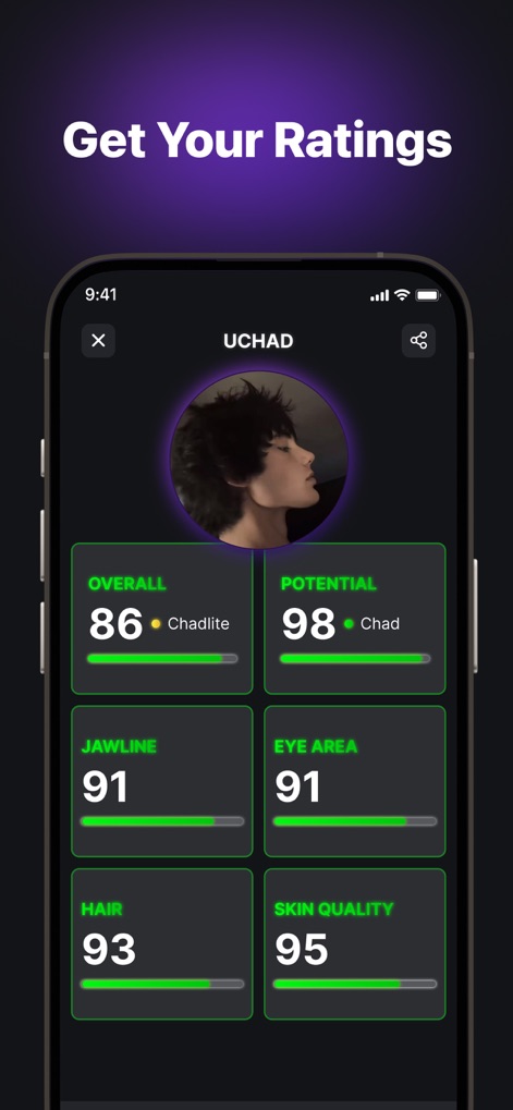 UCHAD: See Your Potential - Users can view their comprehensive facial analysis, including detailed numerical scores for categories like "Jawline" and "Skin Quality," alongside an overall attractiveness rating.