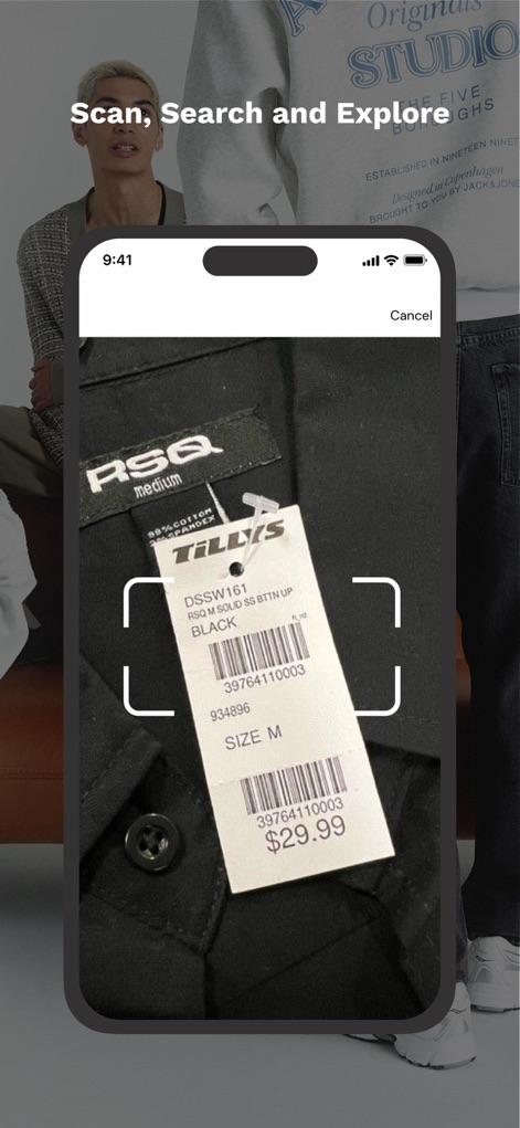 Tillys - Users can utilize the in-app barcode scanner to quickly find product details and pricing, like the displayed '$29.99' tag, directly from physical items.