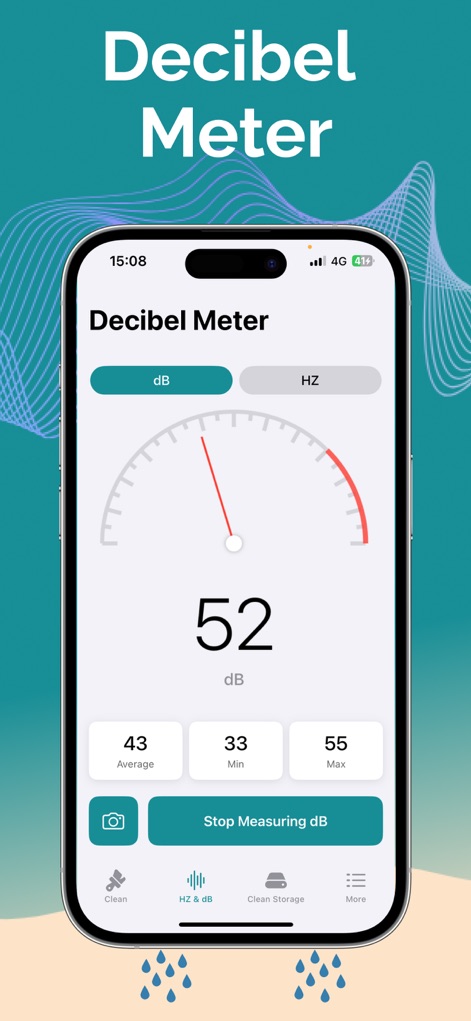 Clear Wave - Remove Water - The decibel meter provides a real-time dB reading of 52, along with convenient displays for minimum and maximum values.