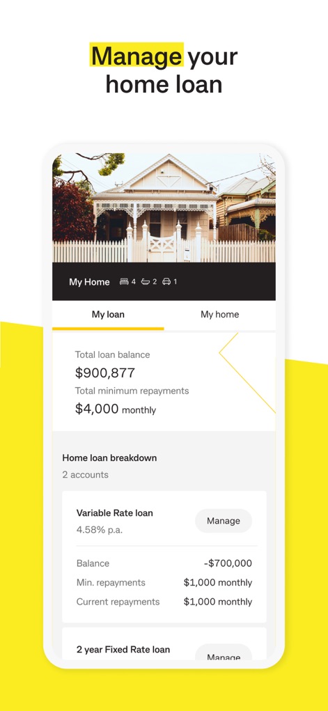 CommBank - The app provides a dedicated section for managing home loans, offering a clear display of the total loan balance and a detailed breakdown of variable and fixed rate loan components.