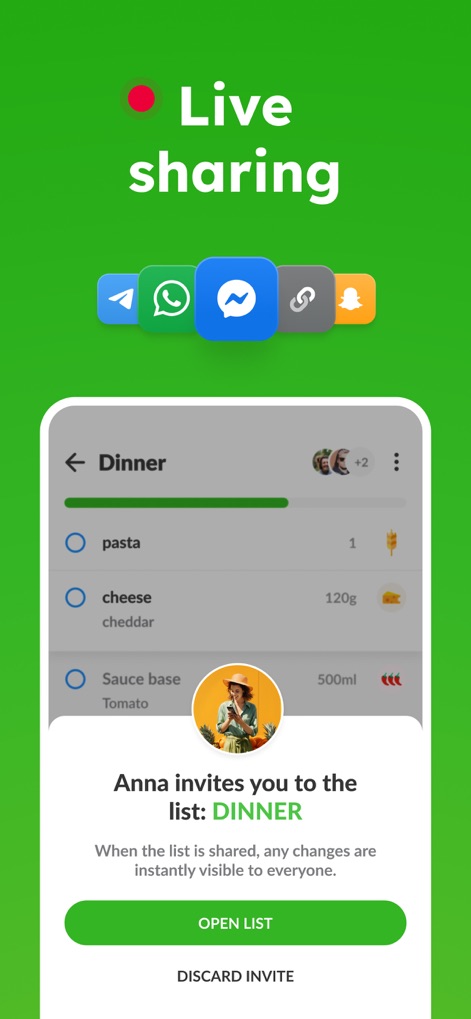 Grocery List - Listonic - This tool enables real-time list sharing, allowing users to invite others to lists and instantly sync changes across devices, as shown by the 'Anna invites you' notification and sharing app icons.
