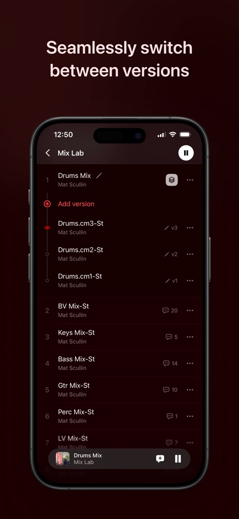 Samply - Listen & Share - Manage project iterations effortlessly with a comprehensive list of audio versions and associated comment counts for every mix.