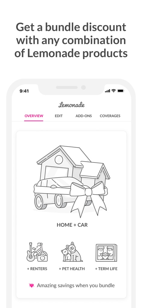 Lemonade Insurance - Dieser Bildschirm demonstriert die attraktiven Bündelungsoptionen der App, visuell dargestellt durch das kombinierte "HOME + CAR"-Symbol und ergänzt durch Icons für weitere Produktkategorien wie "PET HEALTH".