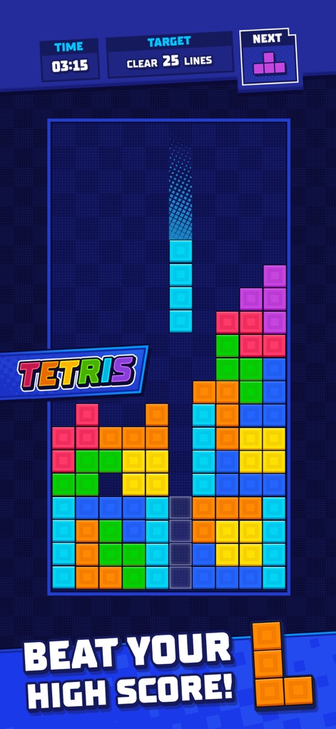 Tetris® - La acción del juego se muestra con un objetivo claro de 'CLEAR 25 LINES' y una previsualización de la 'NEXT' pieza, facilitando la estrategia.