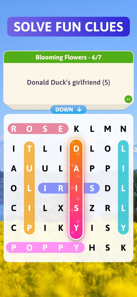 Crossword Search: Word Puzzles - La aplicación desafía a los usuarios a descifrar pistas concisas como 'La novia del Pato Donald (5)', encontrando y resaltando palabras clave como 'ROSE' y 'DAISY' en la cuadrícula.