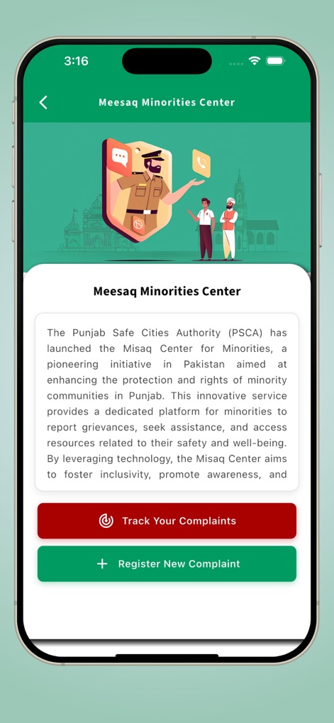 PSCA - Public Safety - Discover the 'Meesaq Minorities Center' providing a platform to 'Track Your Complaints' and 'Register New Complaint' for minority communities.