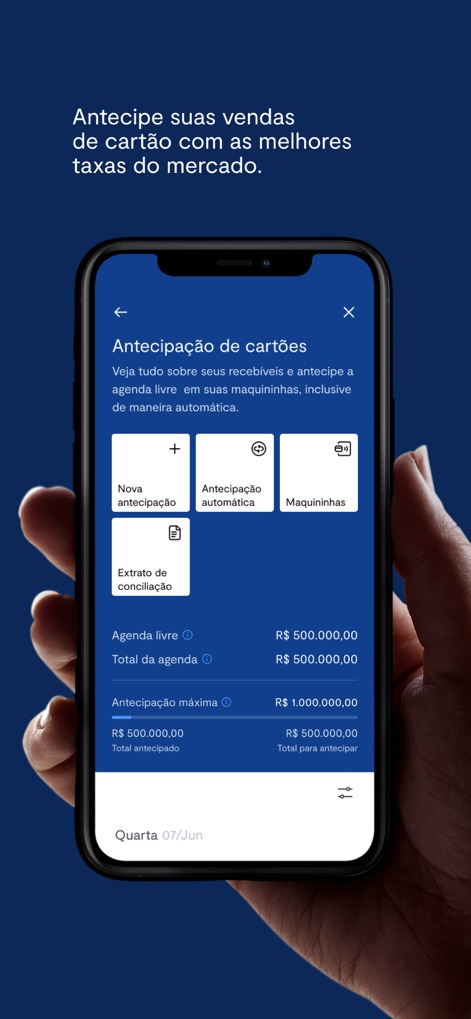 BTG Pactual Empresas: Conta PJ - Cet outil permet d'anticiper les ventes par carte, en offrant une vue sur l'anticipation maximale et la possibilité de lancer une nouvelle anticipation en quelques clics.