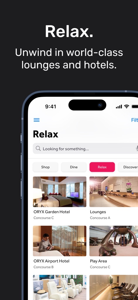 HIA Qatar - Travelers can discover premium relaxation options, including detailed listings for the 'ORYX Garden Hotel' and various 'Lounges' to enhance their airport stay.