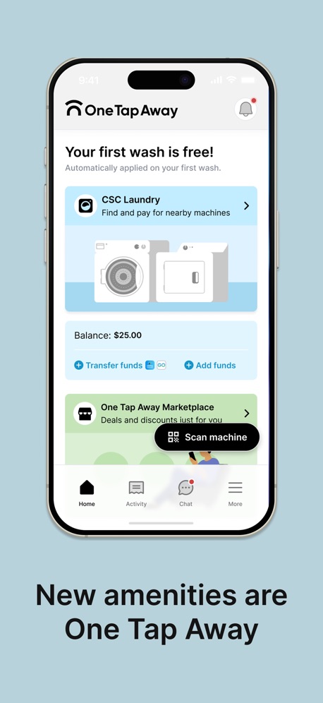 One Tap Away App Store screenshot 2, headline “New amenities are One Tap Away”. Leads with what is new.