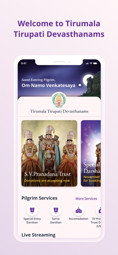 TTDevasthanams - The app provides a personalized welcome with the greeting "Om Namo Venkatesaya" and direct access to services like Special Entry Darshan bookings.