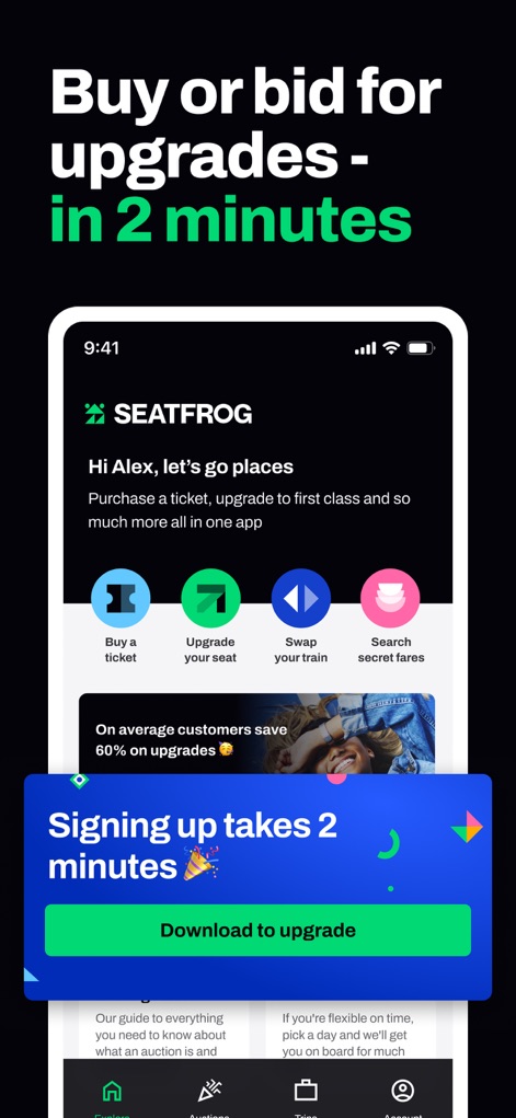 Seatfrog: Rail Journey Planner - Cette capture encourage l'inscription avec la promesse que "Signing up takes 2 minutes" et offre des actions comme "Download to upgrade".