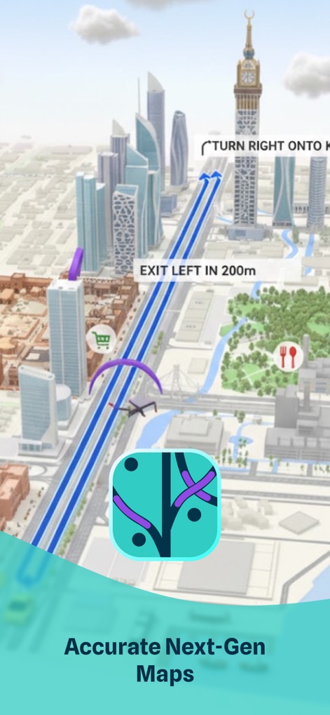 Arab Map Plus Park - L'application affiche des instructions de navigation claires comme "TURN RIGHT ONTO K" et "EXIT LEFT IN 200m" sur une carte 3D immersive, intégrant des repères visuels détaillés pour une conduite sans stress.