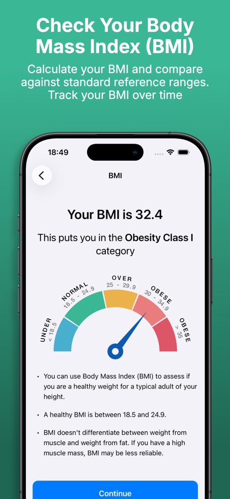 Gym Geek Calorie Counter - The app offers a clear BMI assessment via an interactive gauge, categorizing the user's BMI and providing detailed explanatory text about healthy ranges.