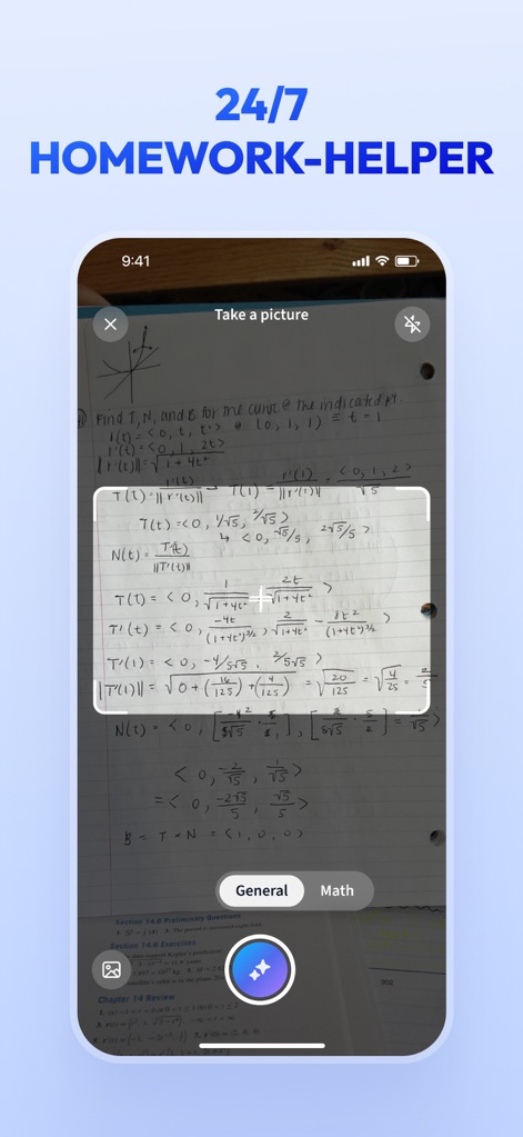 Vaia: AI Flashcards. Study App - L'application offre une assistance aux devoirs 24/7, permettant de prendre une photo de notes manuscrites et de les classifier en 'General' ou 'Math' pour une résolution rapide.