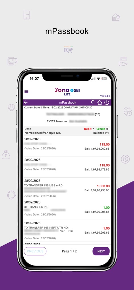 Yono Lite SBI - The mPassbook feature displays detailed transaction records, including debit/credit amounts and current balances, for easy financial tracking.
