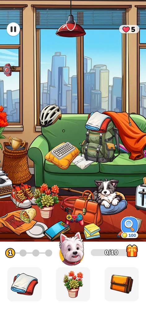 Tidy Master: Hidden Objects - Discover hidden treasures within a chic living room environment, featuring a cityscape view from the window and a charming dog nestled in its bed.