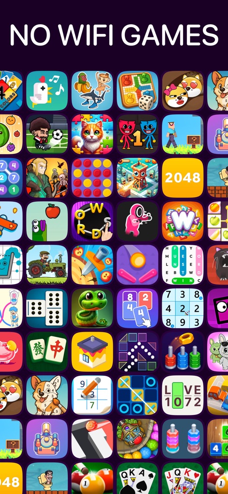 Offline Games no wifi internet - Esta captura apresenta uma grade densa de diversos ícones de jogos, juntamente com o texto "NO WIFI GAMES", destacando a funcionalidade offline.