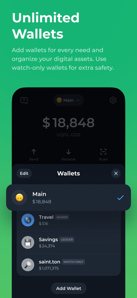 Tonkeeper — TON Wallet - Users can seamlessly manage diverse portfolios by adding multiple wallets, including specialized types like 'Watch Only' and 'Ledger' integrated accounts.