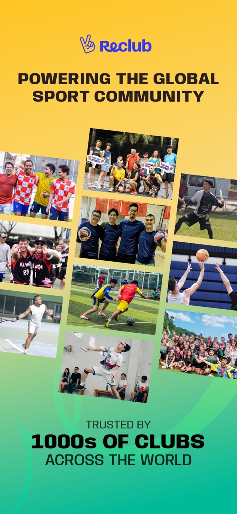 Reclub - Social Sports Nearby - See how the app connects users globally through a diverse collage of sports activities and highlights its extensive reach, trusted by '1000s of Clubs' worldwide.