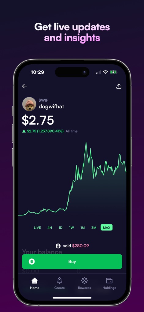 Moonshot - Users can access detailed price charts showing historical performance, such as the impressive all-time gain for 'dogwifhat', alongside a clear call to action to buy.