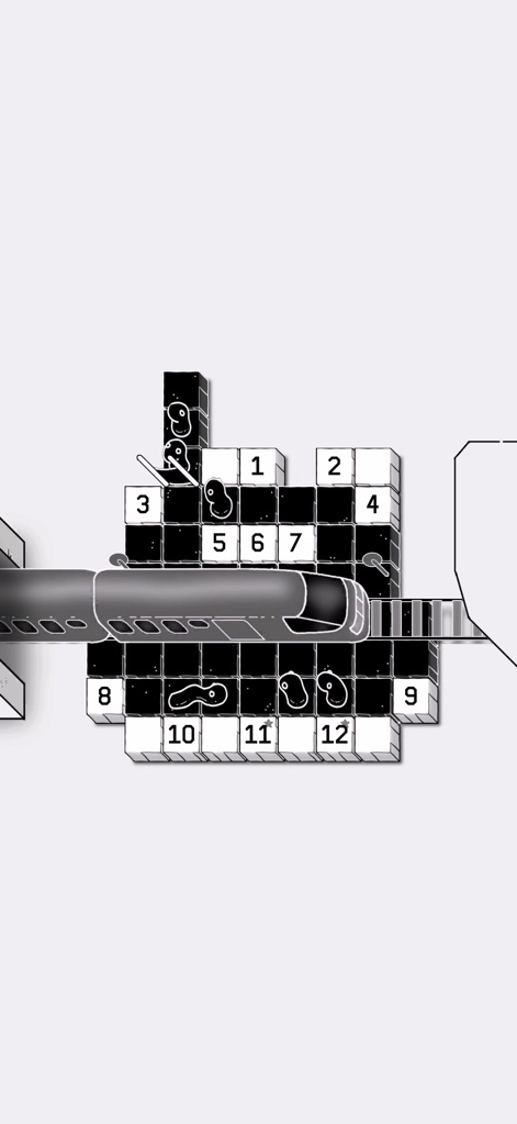 LOK Digital - Observez les structures de connexion qui traversent l'écran, reliant des sections du monde des puzzles, où les tuiles numérotées guident le placement stratégique pour aider les créatures LOK à prospérer sur les zones noircies.