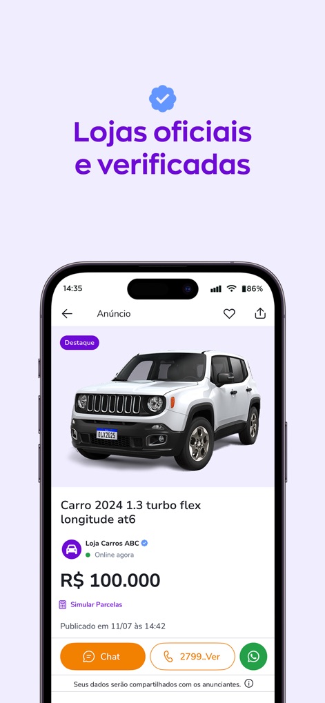 OLX - Comprar e vender online - 公式ショップのページには、検証済みのバッジと店舗名が明確に表示され、ユーザーはチャット機能で直接連絡を取ることができます。