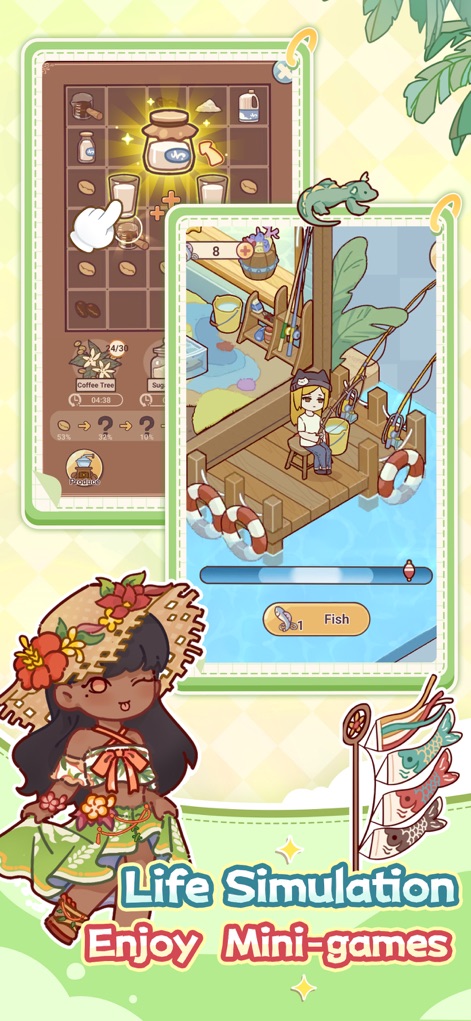 My Leisure Time - Discover a variety of relaxing mini-games, from the detailed coffee brewing interface to the serene activity of fishing by a dock.