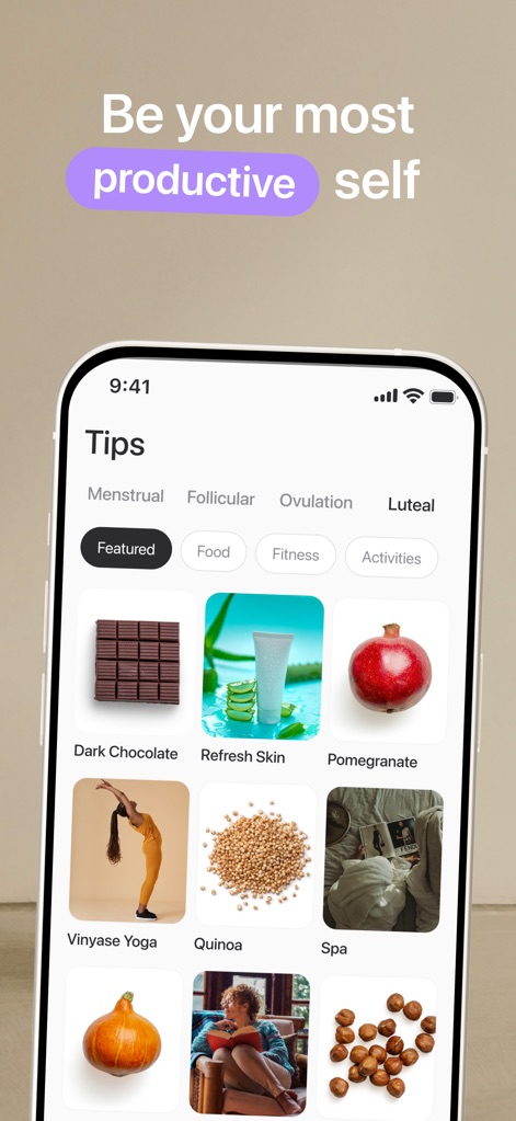 Harmony: Cycle Syncing, Period - Users can explore a wide array of lifestyle tips, categorized by cycle phase (e.g., Menstrual, Luteal) and type (e.g., Food, Activities), to optimize their daily routine.