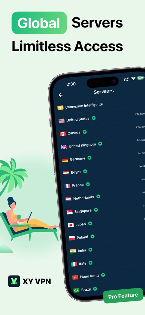 XY VPN - Secure Your Network - Users can navigate a detailed list of global server locations, each represented by a country flag, and identify "Pro Feature" options for expanded connectivity.